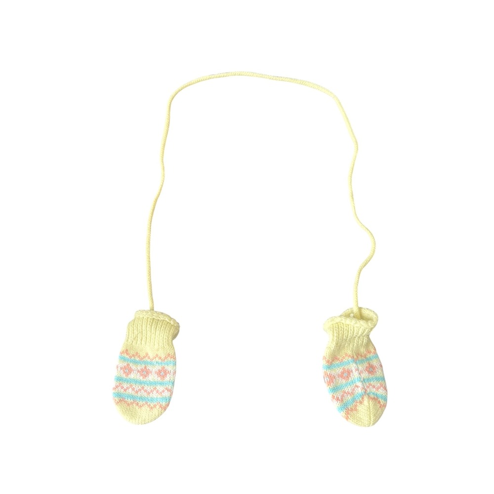 Baby Infant Knit Mittens Pastel Yellow Pink Blue Connected String Gloves Vintage